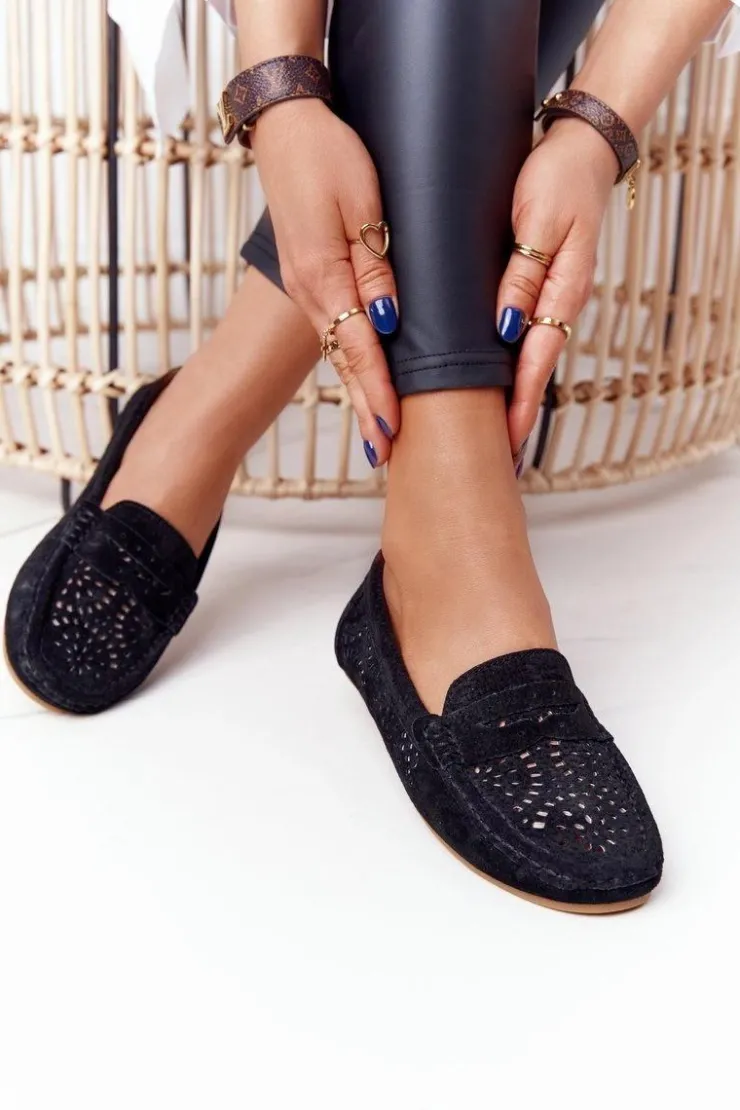 Clearance Damskie buty S.Barski Zamszowe Ażurowe Mokasyny Damskie S.Barski Czarne