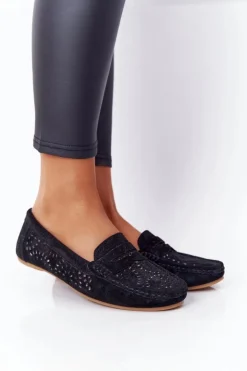 Clearance Damskie buty S.Barski Zamszowe Ażurowe Mokasyny Damskie S.Barski Czarne