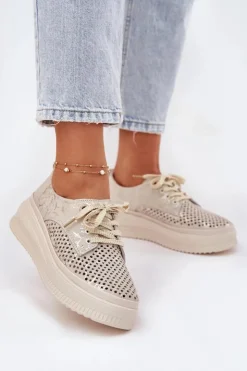 Sale Artiker Zamszowe Ażurowe Półbuty Damskie Na Platformie 56C2108 Beżowo-Złote
