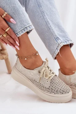 Sale Artiker Zamszowe Ażurowe Półbuty Damskie Na Platformie 56C2108 Beżowo-Złote