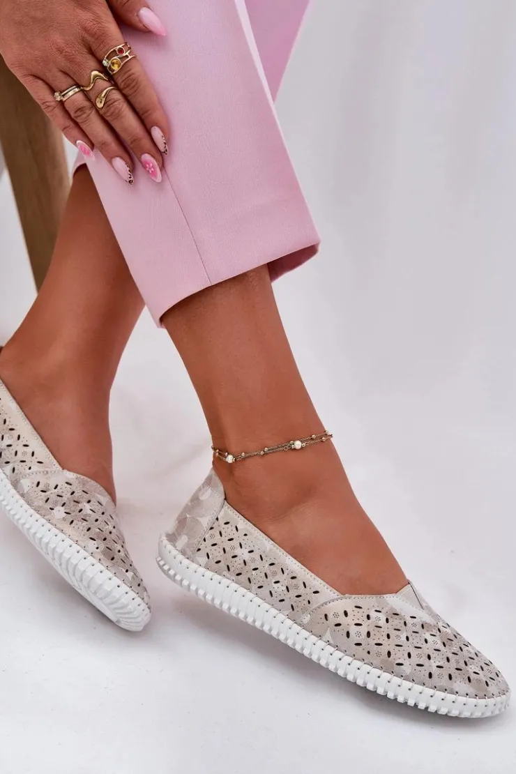 Evento Półbuty Skórzane|Mokasyny Damskie Zamszowe*Zamszowe Ażurowe Półbuty Damskie Złoto-Szare Chulieta