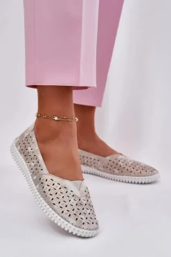 Evento Półbuty Skórzane|Mokasyny Damskie Zamszowe*Zamszowe Ażurowe Półbuty Damskie Złoto-Szare Chulieta