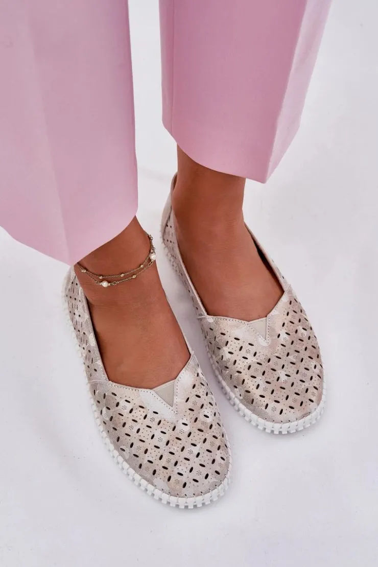 Evento Półbuty Skórzane|Mokasyny Damskie Zamszowe*Zamszowe Ażurowe Półbuty Damskie Złoto-Szare Chulieta