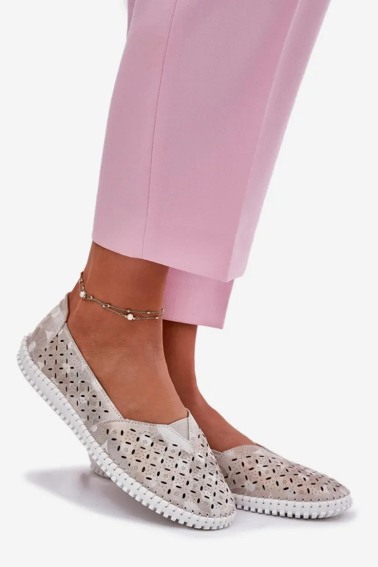 Evento Półbuty Skórzane|Mokasyny Damskie Zamszowe*Zamszowe Ażurowe Półbuty Damskie Złoto-Szare Chulieta