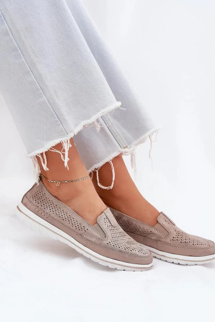 Outlet Evento Zamszowe Ażurowe Półbuty Mokasyny Damskie Złote Redileine