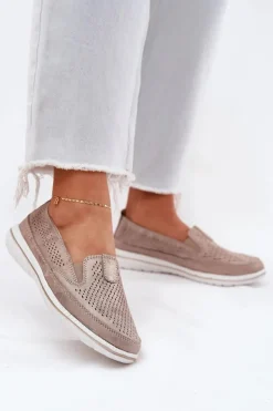 Outlet Evento Zamszowe Ażurowe Półbuty Mokasyny Damskie Złote Redileine