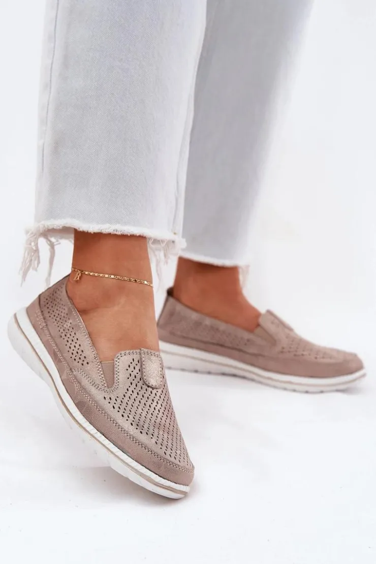 Outlet Evento Zamszowe Ażurowe Półbuty Mokasyny Damskie Złote Redileine