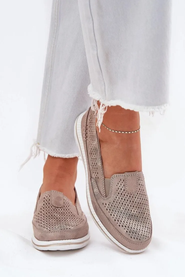 Outlet Evento Zamszowe Ażurowe Półbuty Mokasyny Damskie Złote Redileine