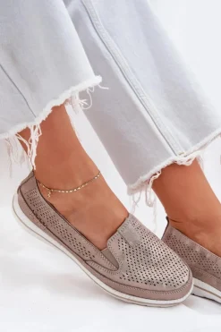 Outlet Evento Zamszowe Ażurowe Półbuty Mokasyny Damskie Złote Redileine