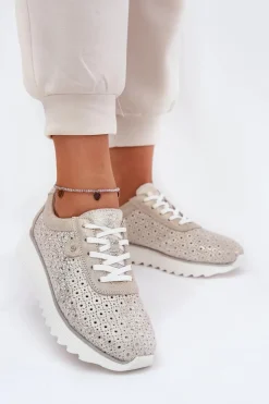 Damskie buty S.Barski Buty Sportowe Na Platformie|Sneakersy Damskie*Zamszowe Ażurowe Sneakersy Na Platformie LR51-927 Złote