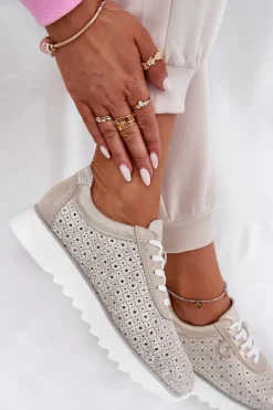 Damskie buty S.Barski Buty Sportowe Na Platformie|Sneakersy Damskie*Zamszowe Ażurowe Sneakersy Na Platformie LR51-927 Złote