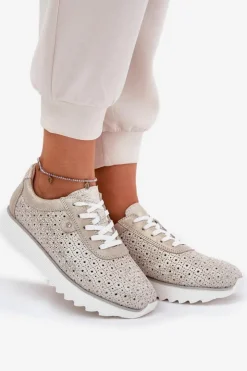 Damskie buty S.Barski Buty Sportowe Na Platformie|Sneakersy Damskie*Zamszowe Ażurowe Sneakersy Na Platformie LR51-927 Złote