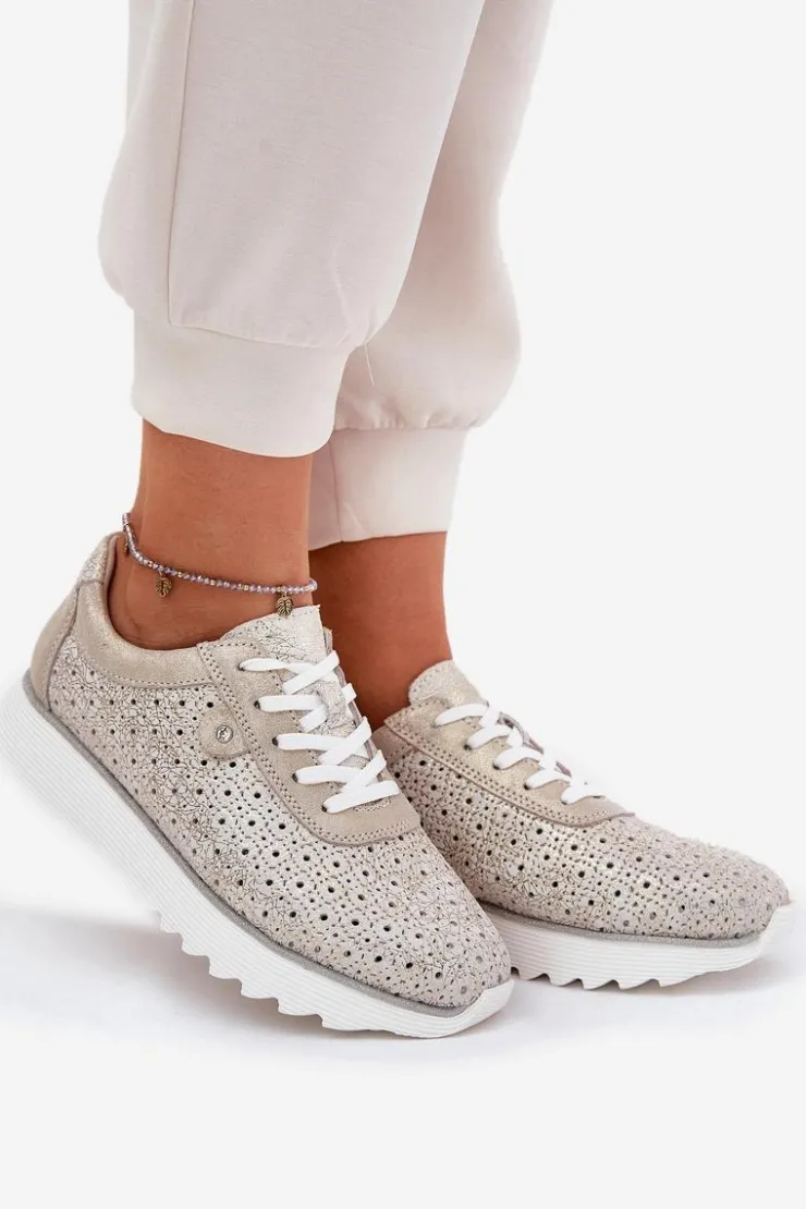 Damskie buty S.Barski Buty Sportowe Na Platformie|Sneakersy Damskie*Zamszowe Ażurowe Sneakersy Na Platformie LR51-927 Złote