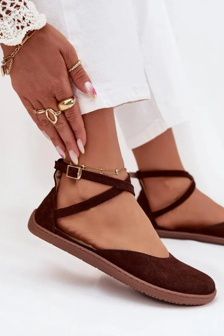 Zazoo Barefoot|Baleriny Skórzane*Zamszowe Baleriny Damskie Barefoot Z Paskami 191 Czekoladowe Brązowy