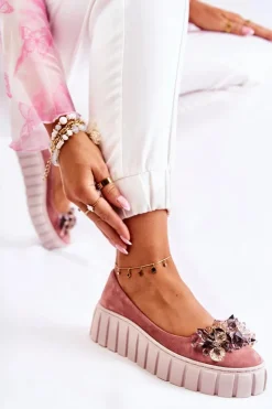 Damskie Boto Zamszowe Baleriny Na Platformie Z Ozdobą Różowe Ladette