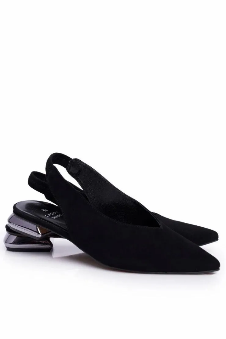 Laura Messi Zamszowe Baleriny Na Srebrnym Obcasie 2127 Czarne