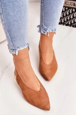 Damskie Laura Messi Zamszowe Baleriny Na Złotym Obcasie 2127 Camel