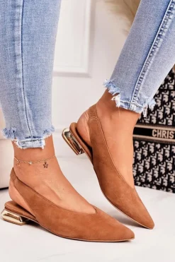 Damskie Laura Messi Zamszowe Baleriny Na Złotym Obcasie 2127 Camel