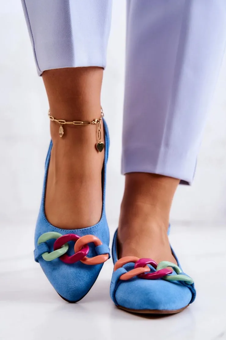 Damskie Boto Zamszowe Baleriny Z Łańcuchem Lewski Shoes 3125 Niebieskie