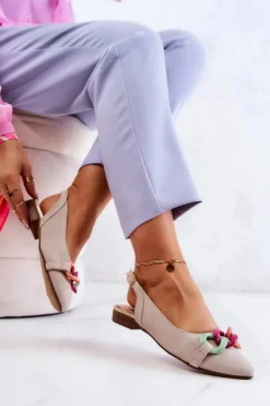 Damskie Boto Zamszowe Baleriny Z Łańcuchem Lewski Shoes 3125 Jasnobeżowe
