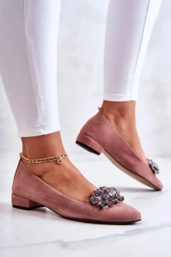 Damskie Boto Zamszowe Baleriny Z Ozdobą Różowe Loretty