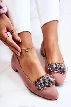 Damskie Boto Zamszowe Baleriny Z Ozdobą Różowe Loretty