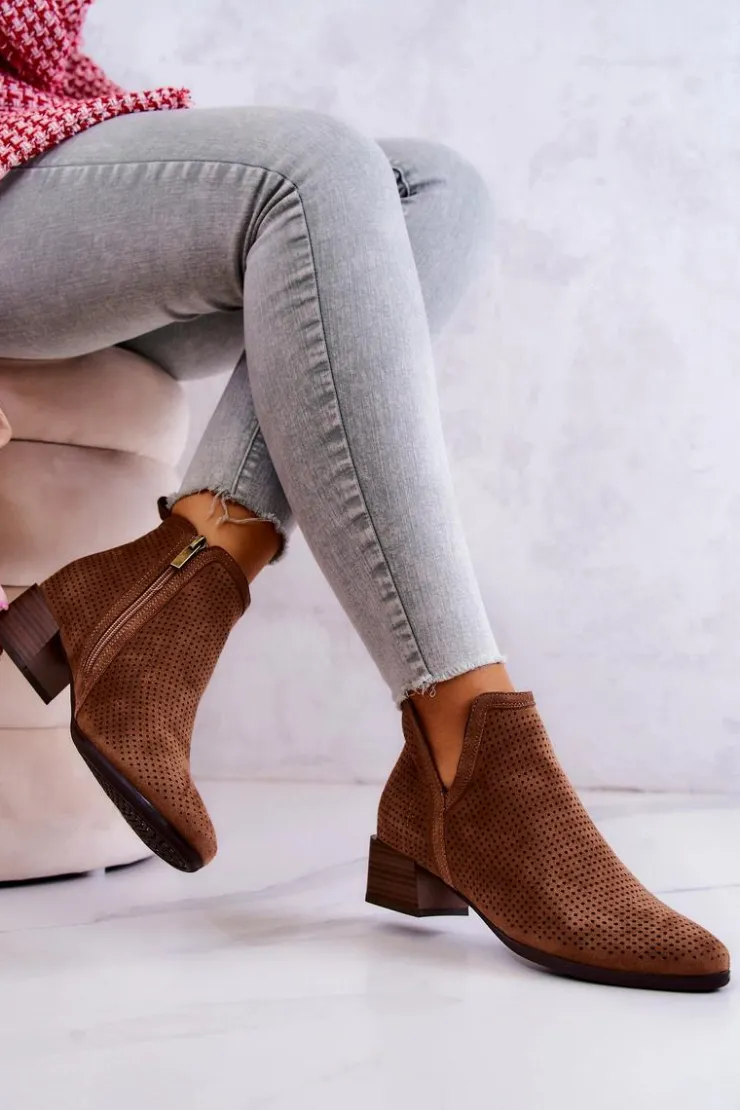 Buty damskie Vinceza Botki Wiosenne|Brązowe I Beżowe Botki*Zamszowe Botki Ażurowe Z Wycięciem Brązowe Carine