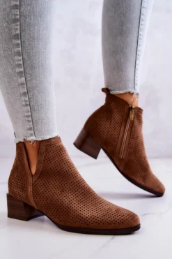 Buty damskie Vinceza Botki Wiosenne|Brązowe I Beżowe Botki*Zamszowe Botki Ażurowe Z Wycięciem Brązowe Carine