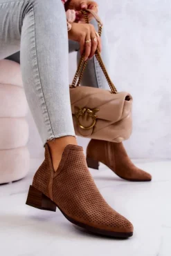 Buty damskie Vinceza Botki Wiosenne|Brązowe I Beżowe Botki*Zamszowe Botki Ażurowe Z Wycięciem Brązowe Carine