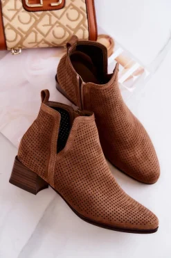 Buty damskie Vinceza Botki Wiosenne|Brązowe I Beżowe Botki*Zamszowe Botki Ażurowe Z Wycięciem Brązowe Carine