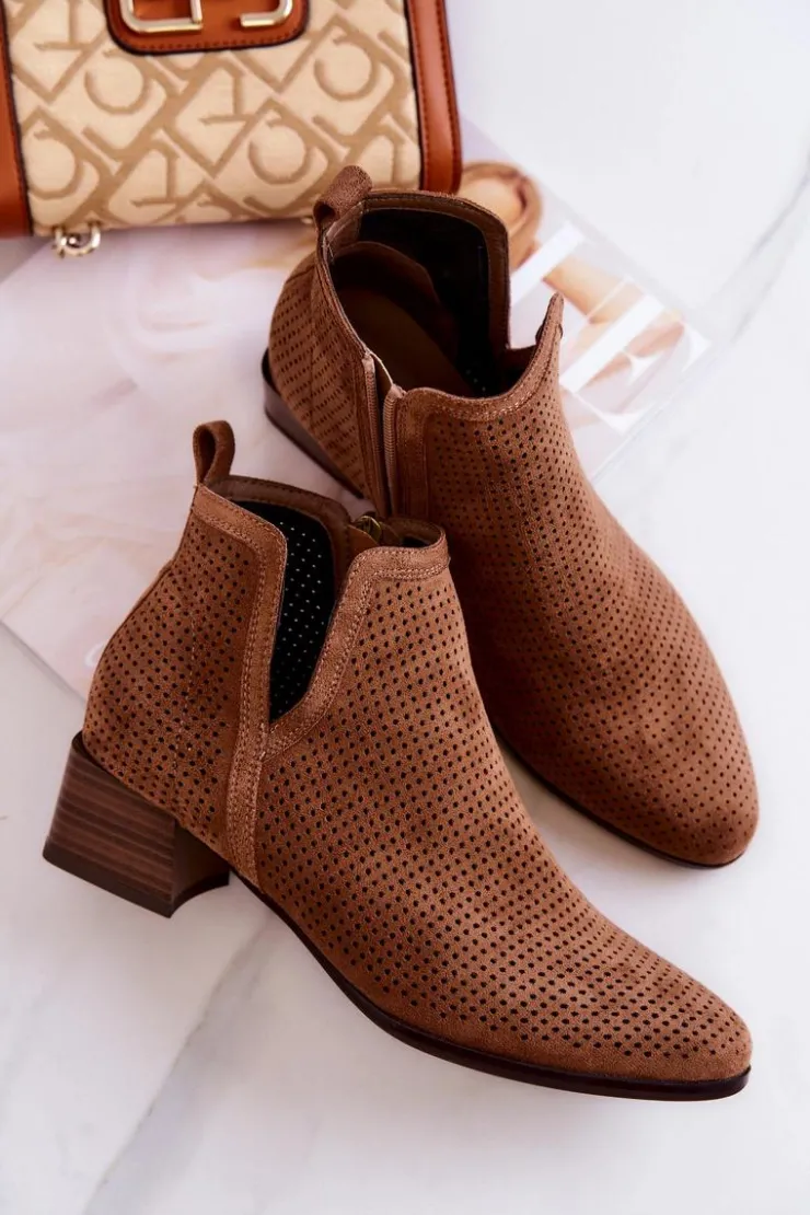Buty damskie Vinceza Botki Wiosenne|Brązowe I Beżowe Botki*Zamszowe Botki Ażurowe Z Wycięciem Brązowe Carine