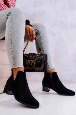 Outlet Buty damskie Vinceza Zamszowe Botki Ażurowe Z Wycięciem Czarne Carine