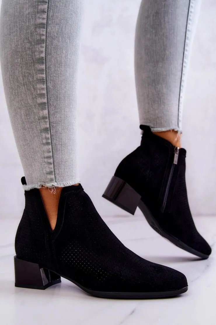 Outlet Buty damskie Vinceza Zamszowe Botki Ażurowe Z Wycięciem Czarne Carine