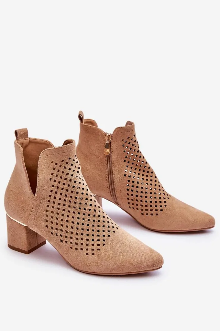 Buty damskie Vinceza Botki Wiosenne|Botki Na Słupku*Zamszowe Botki Ażurowe Z Wycięciem Na Obcasie Beżowe Blakely