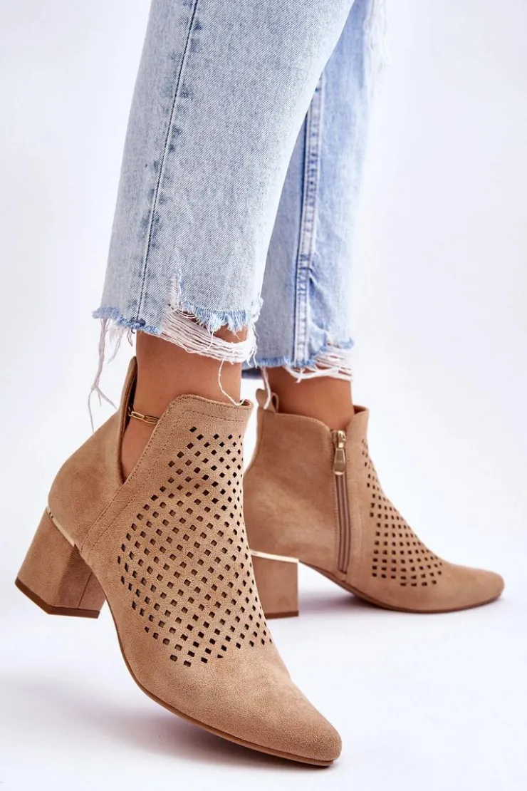Buty damskie Vinceza Botki Wiosenne|Botki Na Słupku*Zamszowe Botki Ażurowe Z Wycięciem Na Obcasie Beżowe Blakely