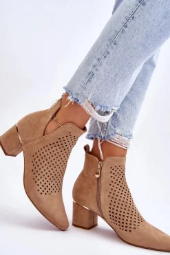 Buty damskie Vinceza Botki Wiosenne|Botki Na Słupku*Zamszowe Botki Ażurowe Z Wycięciem Na Obcasie Beżowe Blakely