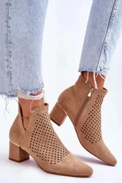 Buty damskie Vinceza Botki Wiosenne|Botki Na Słupku*Zamszowe Botki Ażurowe Z Wycięciem Na Obcasie Beżowe Blakely