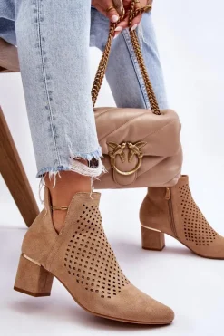 Buty damskie Vinceza Botki Wiosenne|Botki Na Słupku*Zamszowe Botki Ażurowe Z Wycięciem Na Obcasie Beżowe Blakely