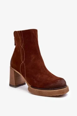 Damskie Boto Zamszowe Botki Damskie Na Słupku Brązowe Lemar Remilda