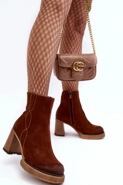 Damskie Boto Zamszowe Botki Damskie Na Słupku Brązowe Lemar Remilda