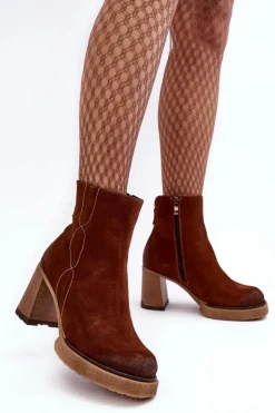 Damskie Boto Zamszowe Botki Damskie Na Słupku Brązowe Lemar Remilda