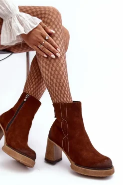 Damskie Boto Zamszowe Botki Damskie Na Słupku Brązowe Lemar Remilda