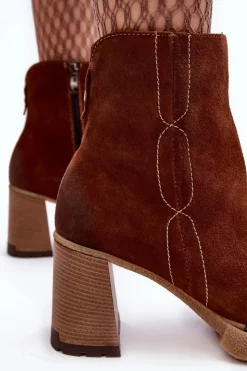 Damskie Boto Zamszowe Botki Damskie Na Słupku Brązowe Lemar Remilda