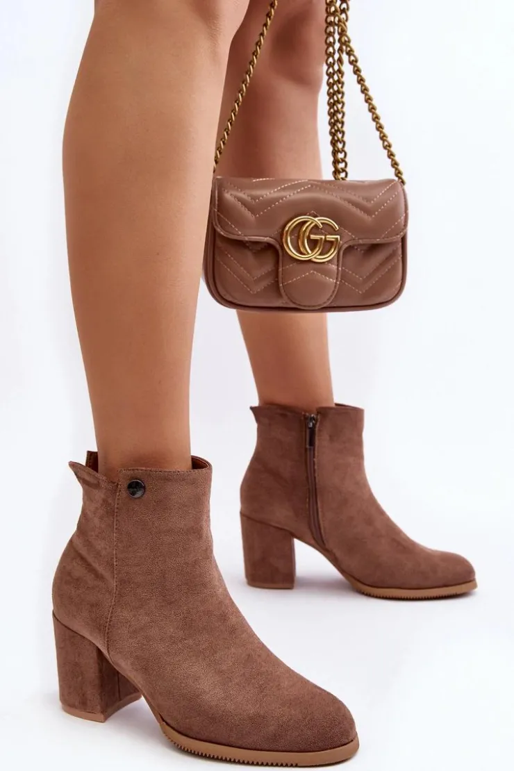 Damskie Evento Zamszowe Botki Damskie Na Słupku Brązowe Selela