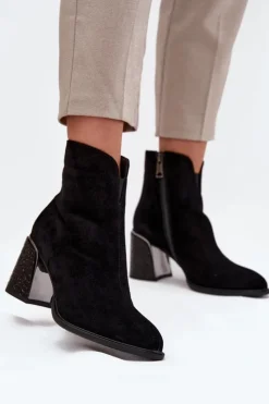 Sale Buty damskie Vinceza Zamszowe Botki Damskie Na Słupku Z Tłoczeniem Ocieplane Vinceza 66801 Czarne