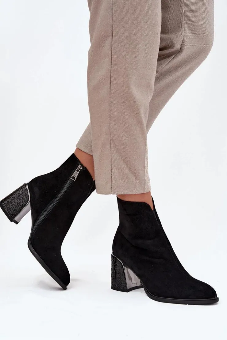 Sale Buty damskie Vinceza Zamszowe Botki Damskie Na Słupku Z Tłoczeniem Ocieplane Vinceza 66801 Czarne