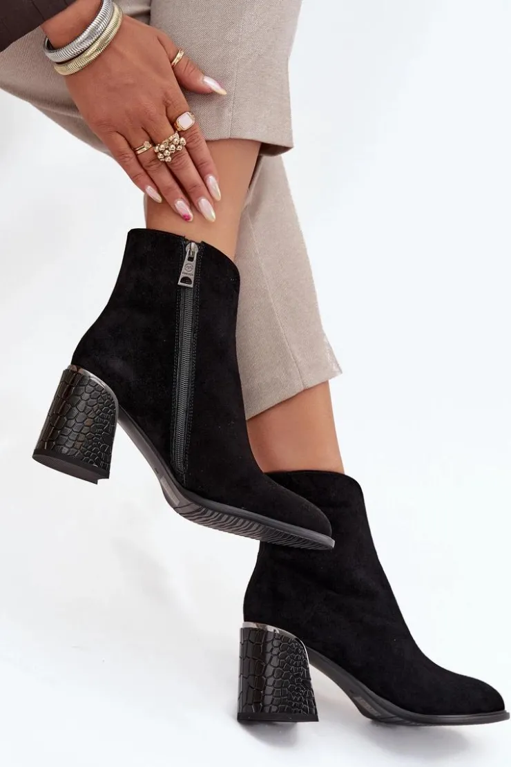 Sale Buty damskie Vinceza Zamszowe Botki Damskie Na Słupku Z Tłoczeniem Ocieplane Vinceza 66801 Czarne