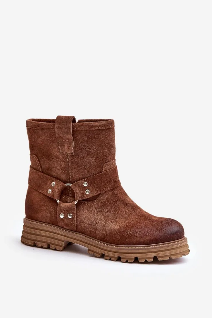 Boto Botki Płaskie|Botki Zamszowe*Zamszowe Botki Damskie Na Płaskim Obcasie Lewski 3610 Brązowe Brązowy
