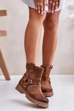 Boto Botki Płaskie|Botki Zamszowe*Zamszowe Botki Damskie Na Płaskim Obcasie Lewski 3610 Brązowe Brązowy