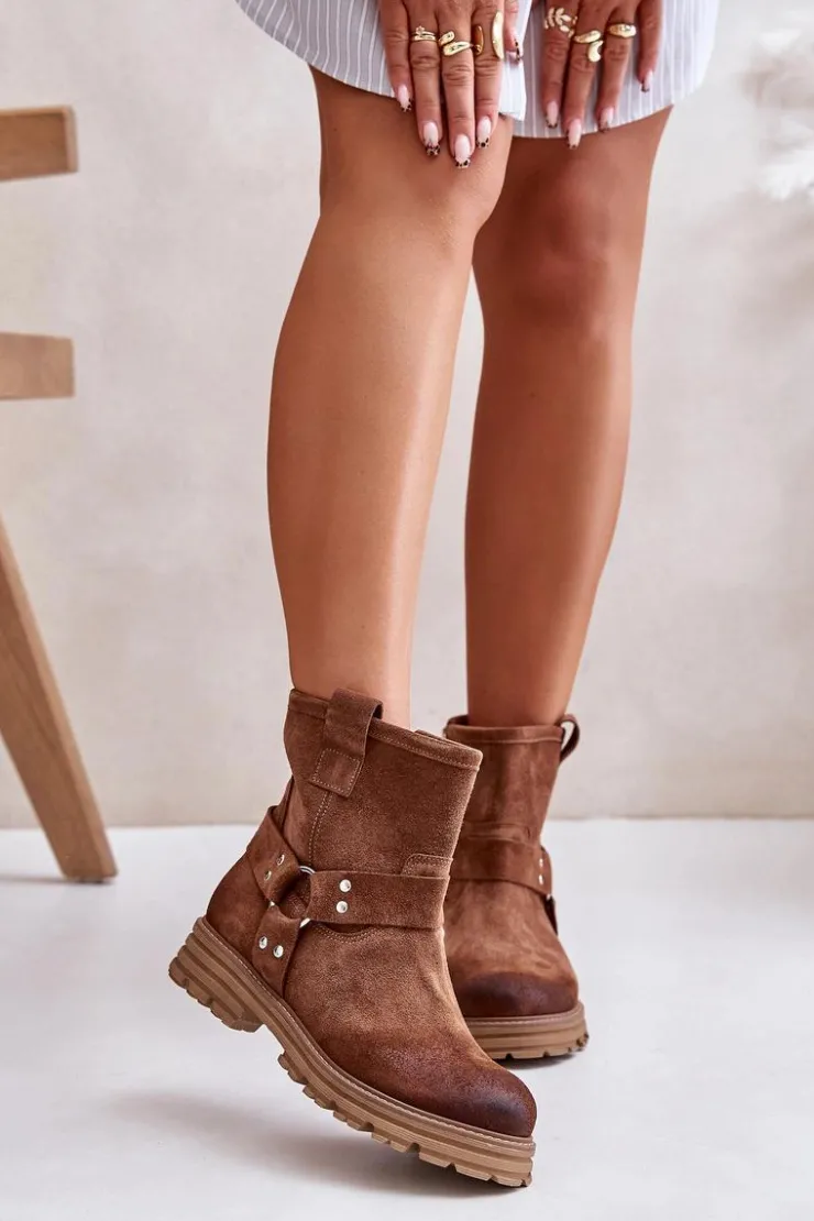 Boto Botki Płaskie|Botki Zamszowe*Zamszowe Botki Damskie Na Płaskim Obcasie Lewski 3610 Brązowe Brązowy